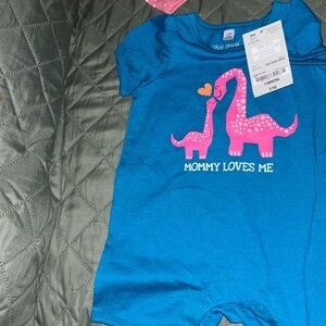 Blue Mommy Loves Me okie dokie baby onesie with Pink mommy & baby dinosaur